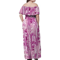 Magenta Hawaii Tapa Pattern Family Matching Off Shoulder Maxi Dress and Hawaiian Shirt With Heliconia Vintage Style
