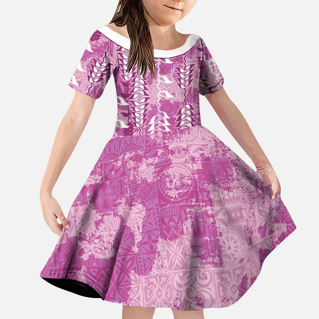Magenta Hawaii Tapa Pattern Family Matching Off Shoulder Short Dress and Hawaiian Shirt With Heliconia Vintage Style