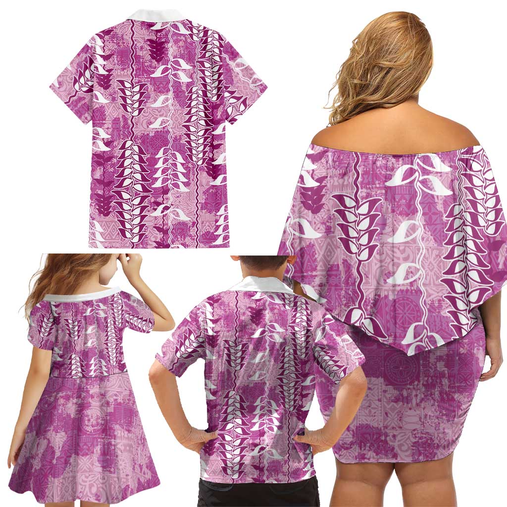 Magenta Hawaii Tapa Pattern Family Matching Off Shoulder Short Dress and Hawaiian Shirt With Heliconia Vintage Style