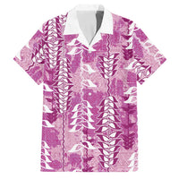 Magenta Hawaii Tapa Pattern Family Matching Off Shoulder Short Dress and Hawaiian Shirt With Heliconia Vintage Style