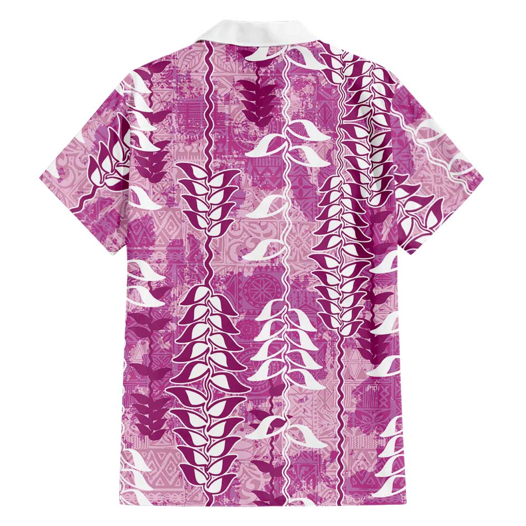 Magenta Hawaii Tapa Pattern Family Matching Off Shoulder Short Dress and Hawaiian Shirt With Heliconia Vintage Style