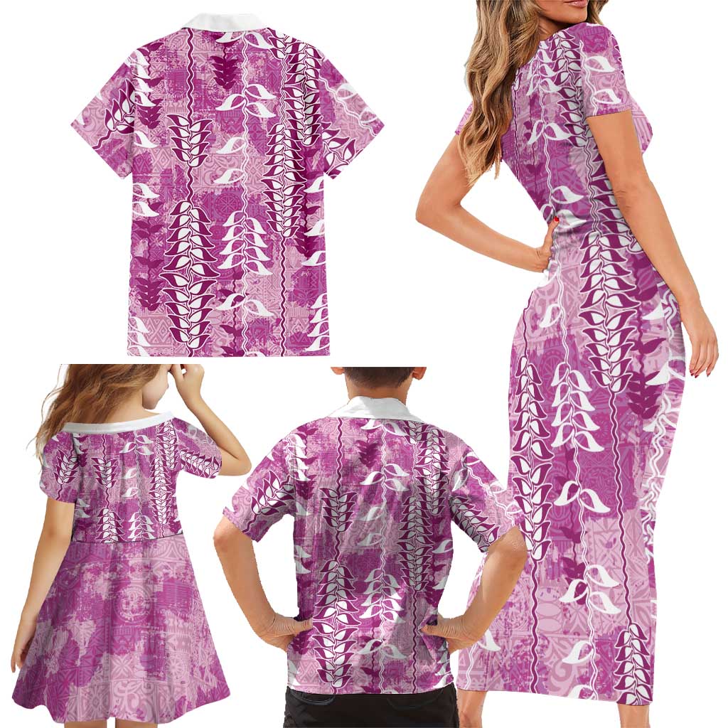 Magenta Hawaii Tapa Pattern Family Matching Short Sleeve Bodycon Dress and Hawaiian Shirt With Heliconia Vintage Style