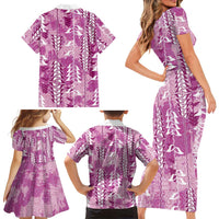 Magenta Hawaii Tapa Pattern Family Matching Short Sleeve Bodycon Dress and Hawaiian Shirt With Heliconia Vintage Style