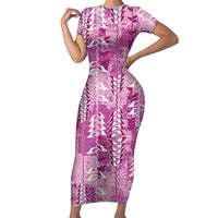 Magenta Hawaii Tapa Pattern Family Matching Short Sleeve Bodycon Dress and Hawaiian Shirt With Heliconia Vintage Style