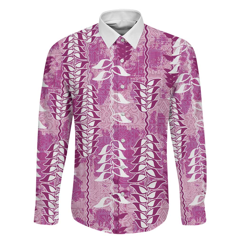 Magenta Hawaii Tapa Pattern Family Matching Summer Maxi Dress and Hawaiian Shirt With Heliconia Vintage Style