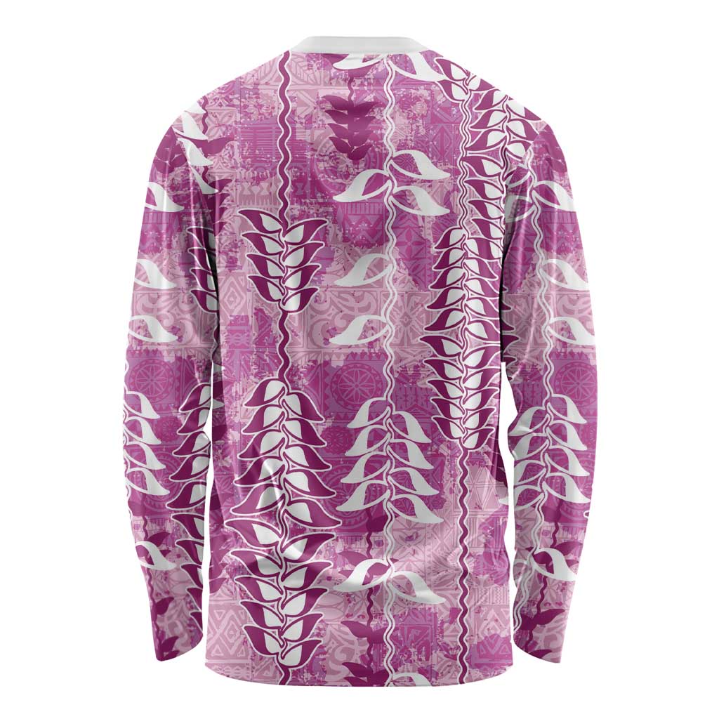 Magenta Hawaii Tapa Pattern Long Sleeve Shirt With Heliconia Vintage Style LT05 - Polynesian Pride