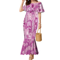 Magenta Hawaii Tapa Pattern Mermaid Dress With Heliconia Vintage Style LT05 Women Magenta - Polynesian Pride