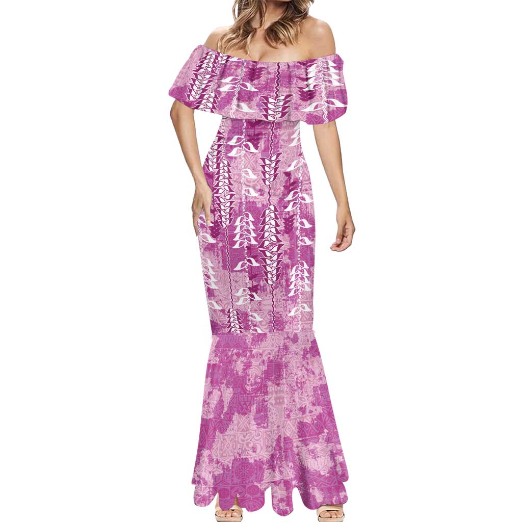 Magenta Hawaii Tapa Pattern Mermaid Dress With Heliconia Vintage Style LT05 - Polynesian Pride