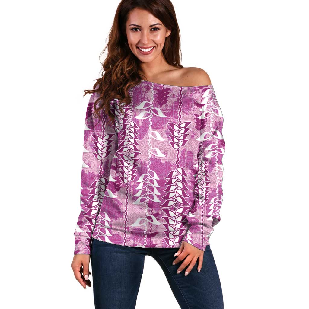 Magenta Hawaii Tapa Pattern Off Shoulder Sweater With Heliconia Vintage Style