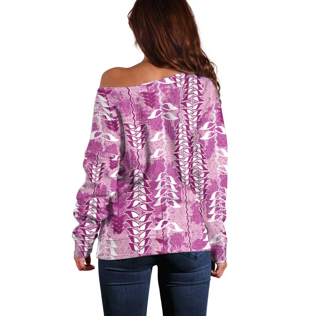 Magenta Hawaii Tapa Pattern Off Shoulder Sweater With Heliconia Vintage Style