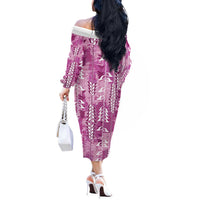 Magenta Hawaii Tapa Pattern Off The Shoulder Long Sleeve Dress With Heliconia Vintage Style