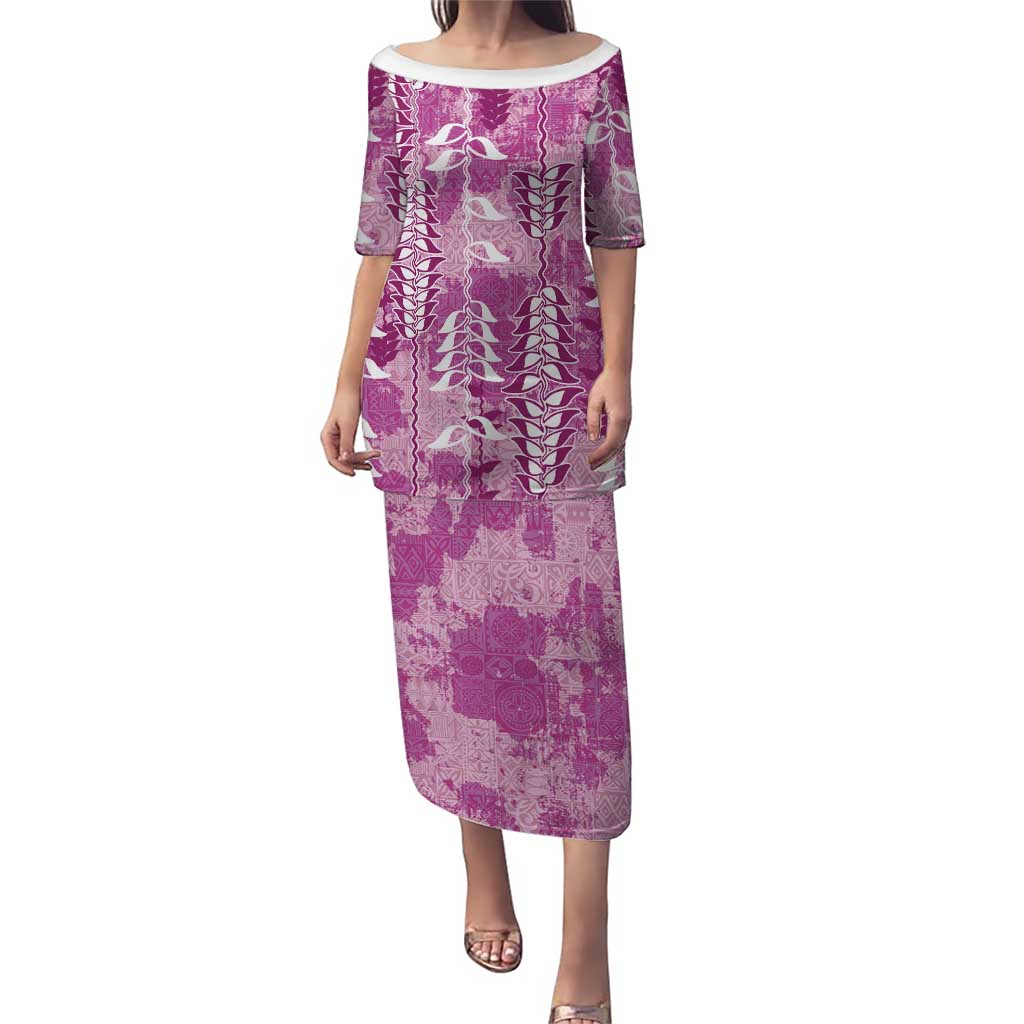 Magenta Hawaii Tapa Pattern Puletasi With Heliconia Vintage Style