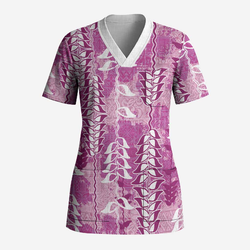 Magenta Hawaii Tapa Pattern Scrub Top With Heliconia Vintage Style
