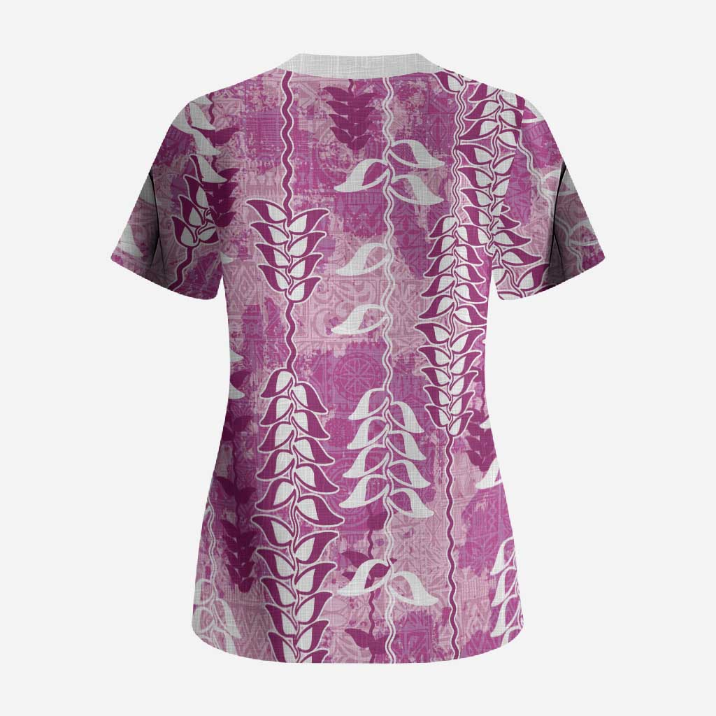Magenta Hawaii Tapa Pattern Scrub Top With Heliconia Vintage Style