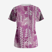 Magenta Hawaii Tapa Pattern Scrub Top With Heliconia Vintage Style