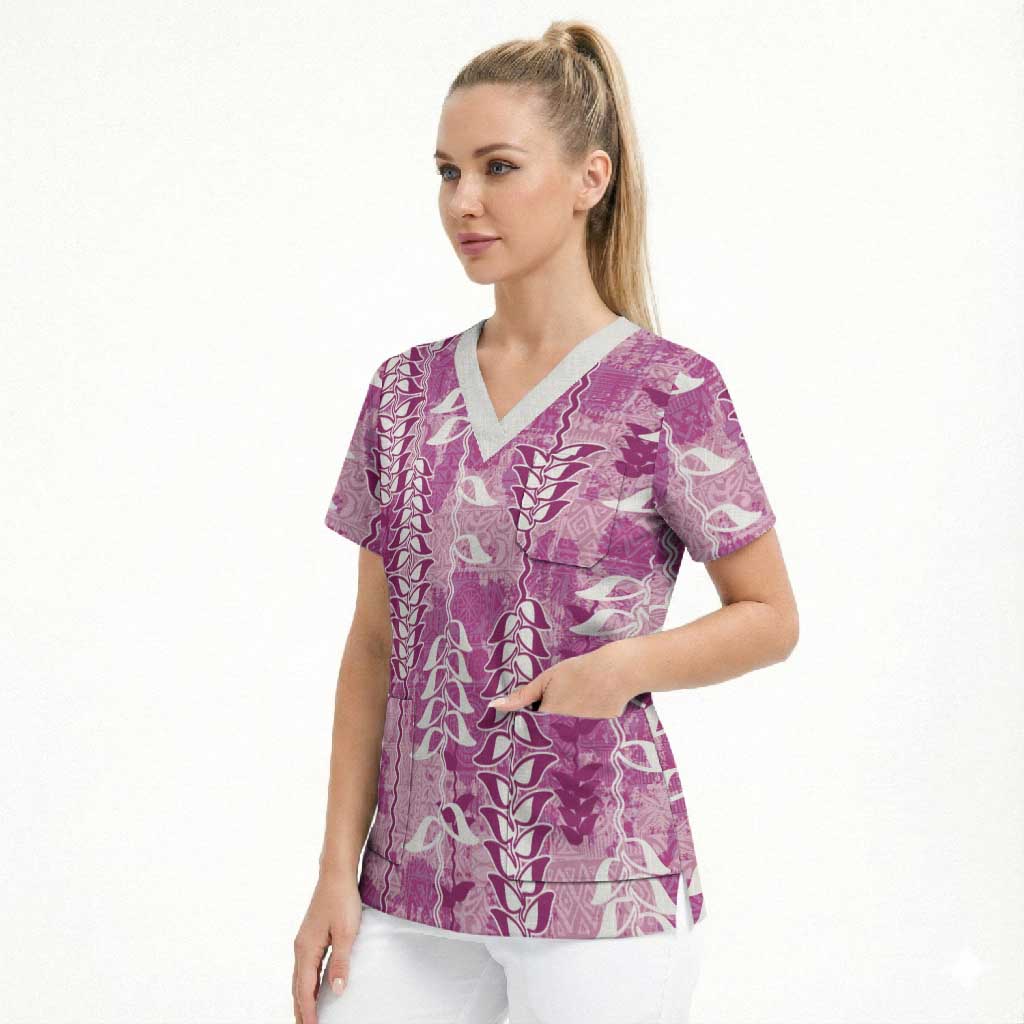 Magenta Hawaii Tapa Pattern Scrub Top With Heliconia Vintage Style