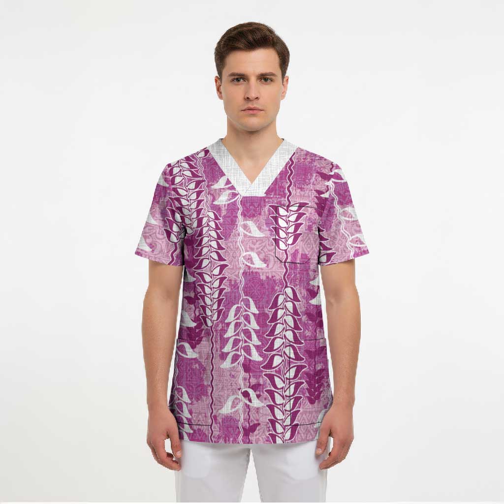 Magenta Hawaii Tapa Pattern Scrub Top With Heliconia Vintage Style