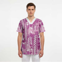 Magenta Hawaii Tapa Pattern Scrub Top With Heliconia Vintage Style