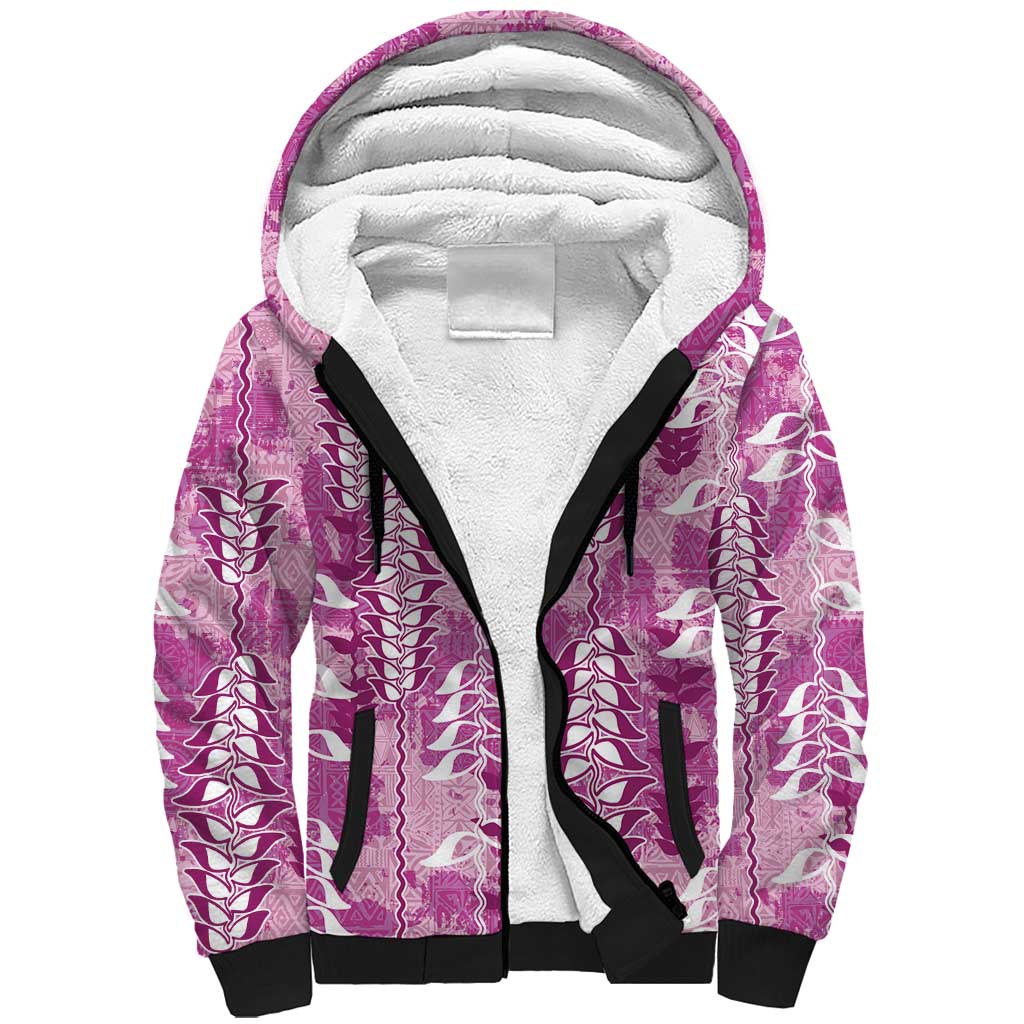 Magenta Hawaii Tapa Pattern Sherpa Hoodie With Heliconia Vintage Style LT05 Unisex Magenta - Polynesian Pride