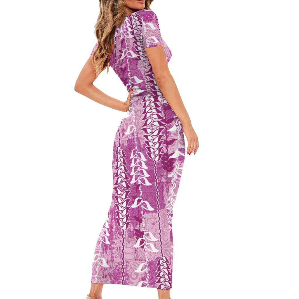 Magenta Hawaii Tapa Pattern Short Sleeve Bodycon Dress With Heliconia Vintage Style LT05 - Polynesian Pride