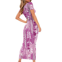 Magenta Hawaii Tapa Pattern Short Sleeve Bodycon Dress With Heliconia Vintage Style LT05 - Polynesian Pride
