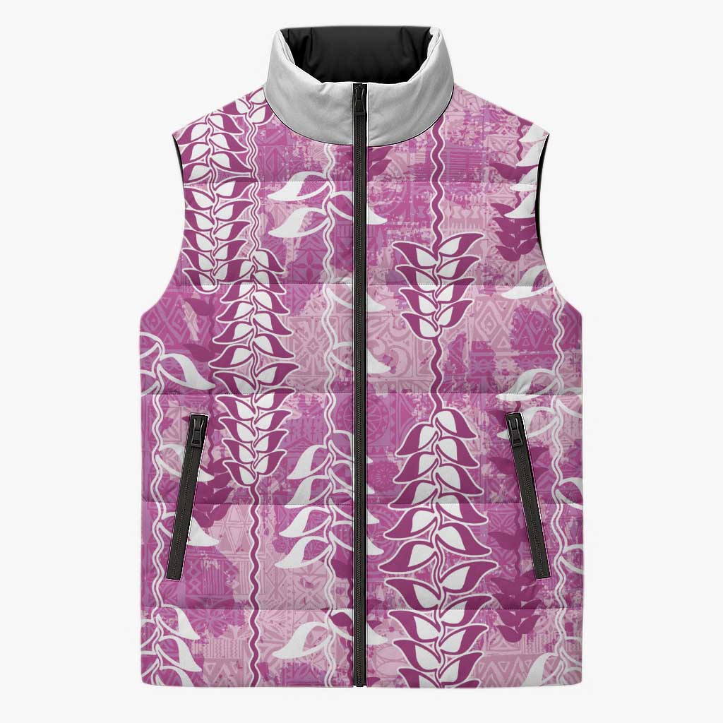 Magenta Hawaii Tapa Pattern Sleeveless Puffer Jacket With Heliconia Vintage Style LT05 Unisex Magenta - Polynesian Pride