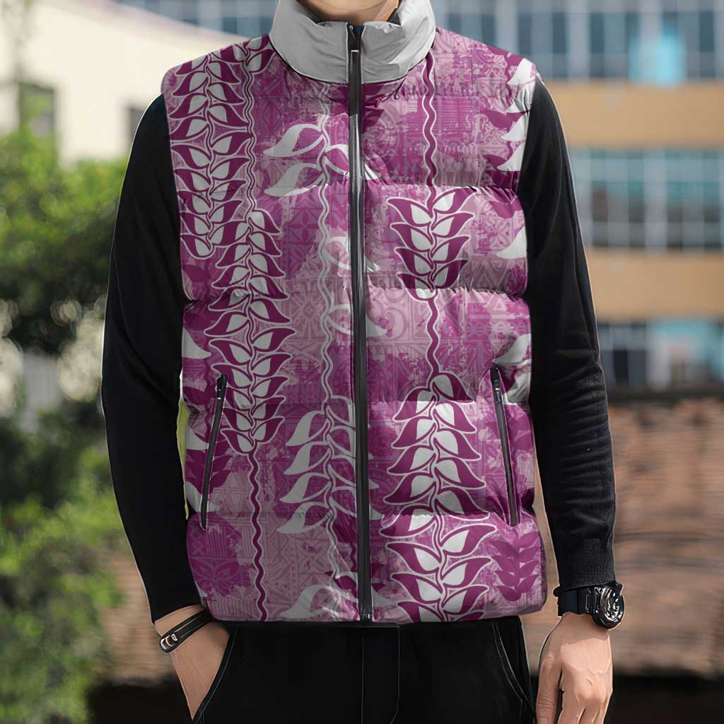 Magenta Hawaii Tapa Pattern Sleeveless Puffer Jacket With Heliconia Vintage Style LT05 - Polynesian Pride