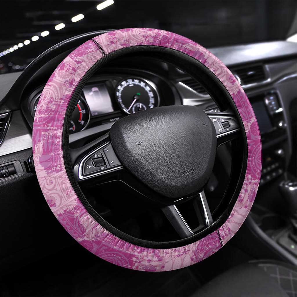 Magenta Hawaii Tapa Pattern Steering Wheel Cover With Heliconia Vintage Style LT05 Universal Fit Magenta - Polynesian Pride