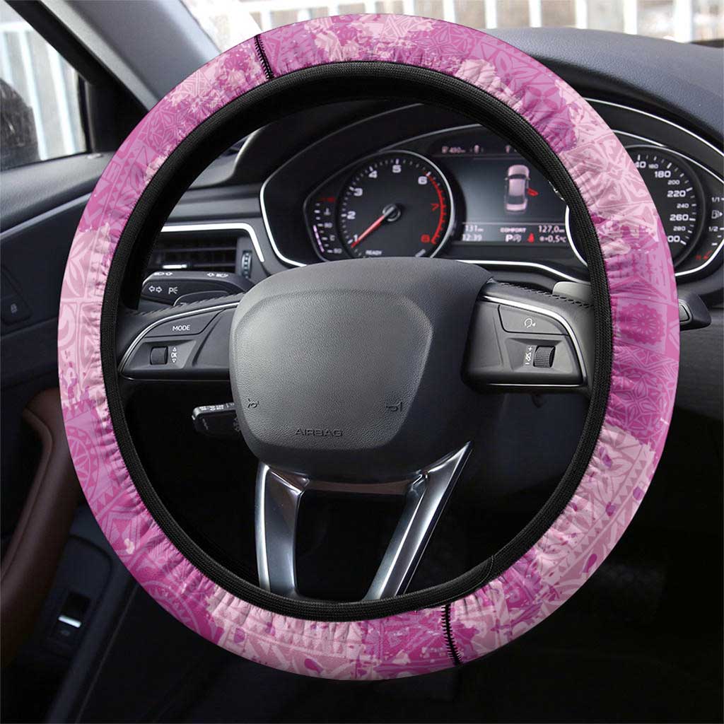 Magenta Hawaii Tapa Pattern Steering Wheel Cover With Heliconia Vintage Style LT05 - Polynesian Pride