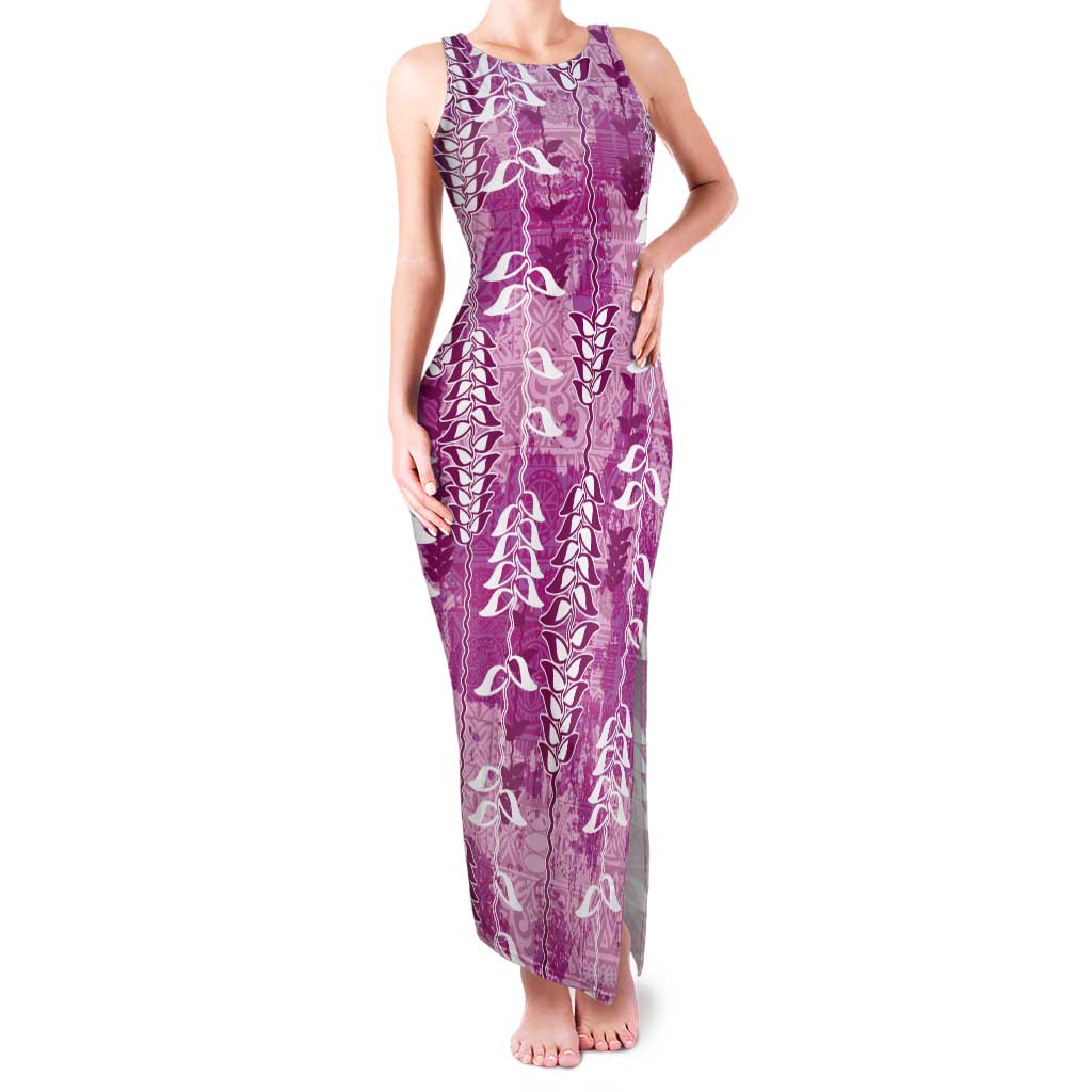 Magenta Hawaii Tapa Pattern Tank Maxi Dress With Heliconia Vintage Style LT05 Women Magenta - Polynesian Pride
