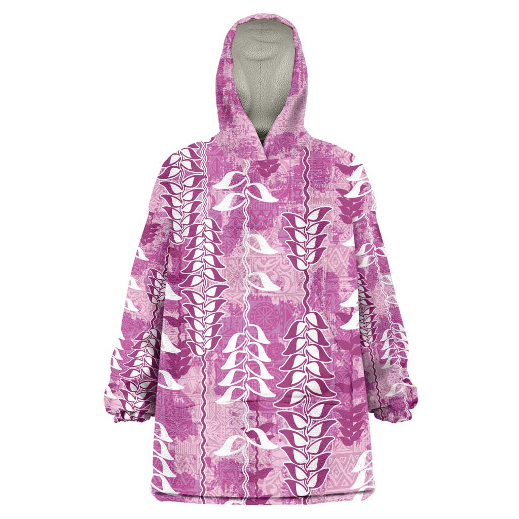 Magenta Hawaii Tapa Pattern Wearable Blanket Hoodie With Heliconia Vintage Style LT05 One Size Magenta - Polynesian Pride