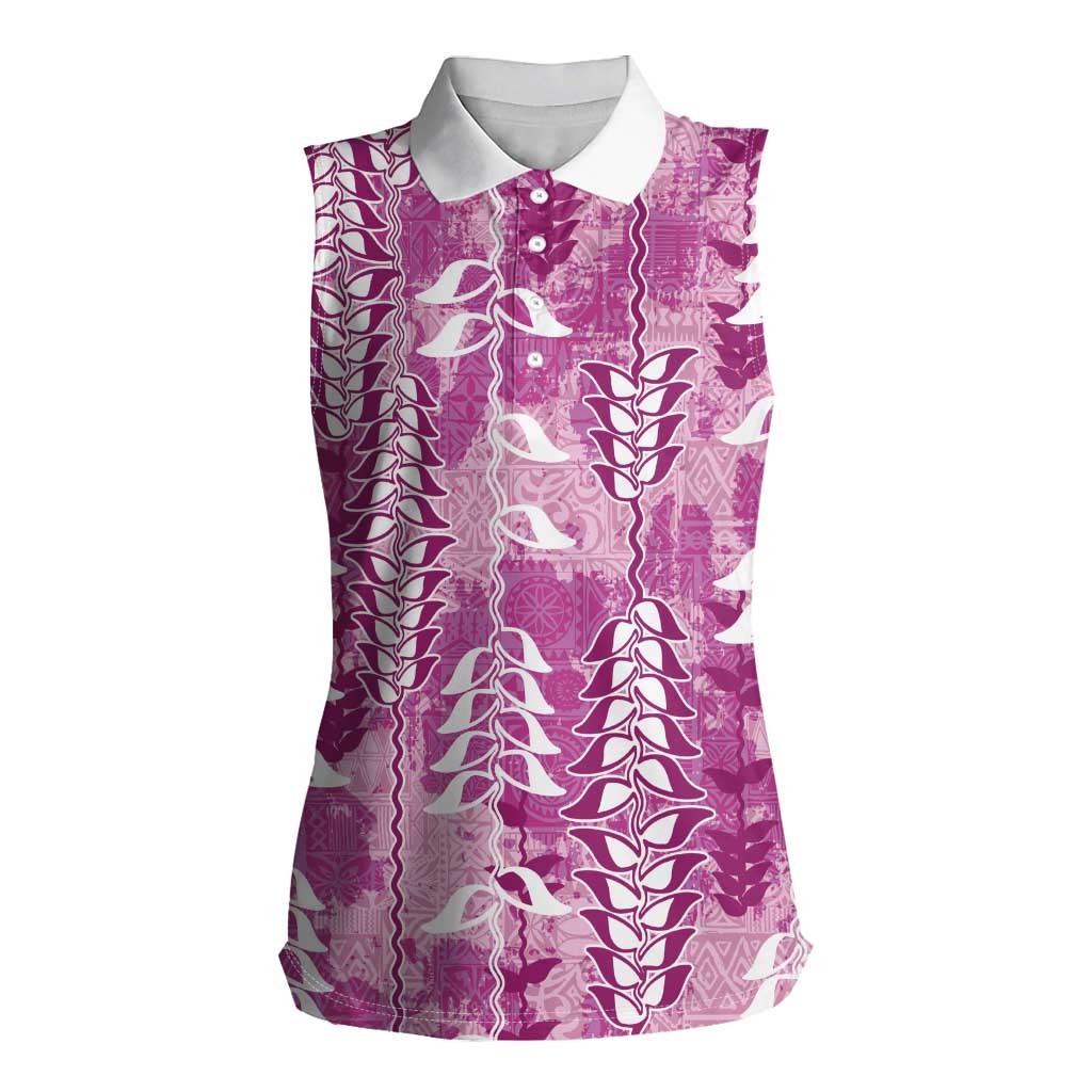 Magenta Hawaii Tapa Pattern Women Sleeveless Polo Shirt With Heliconia Vintage Style LT05 Female Magenta - Polynesian Pride