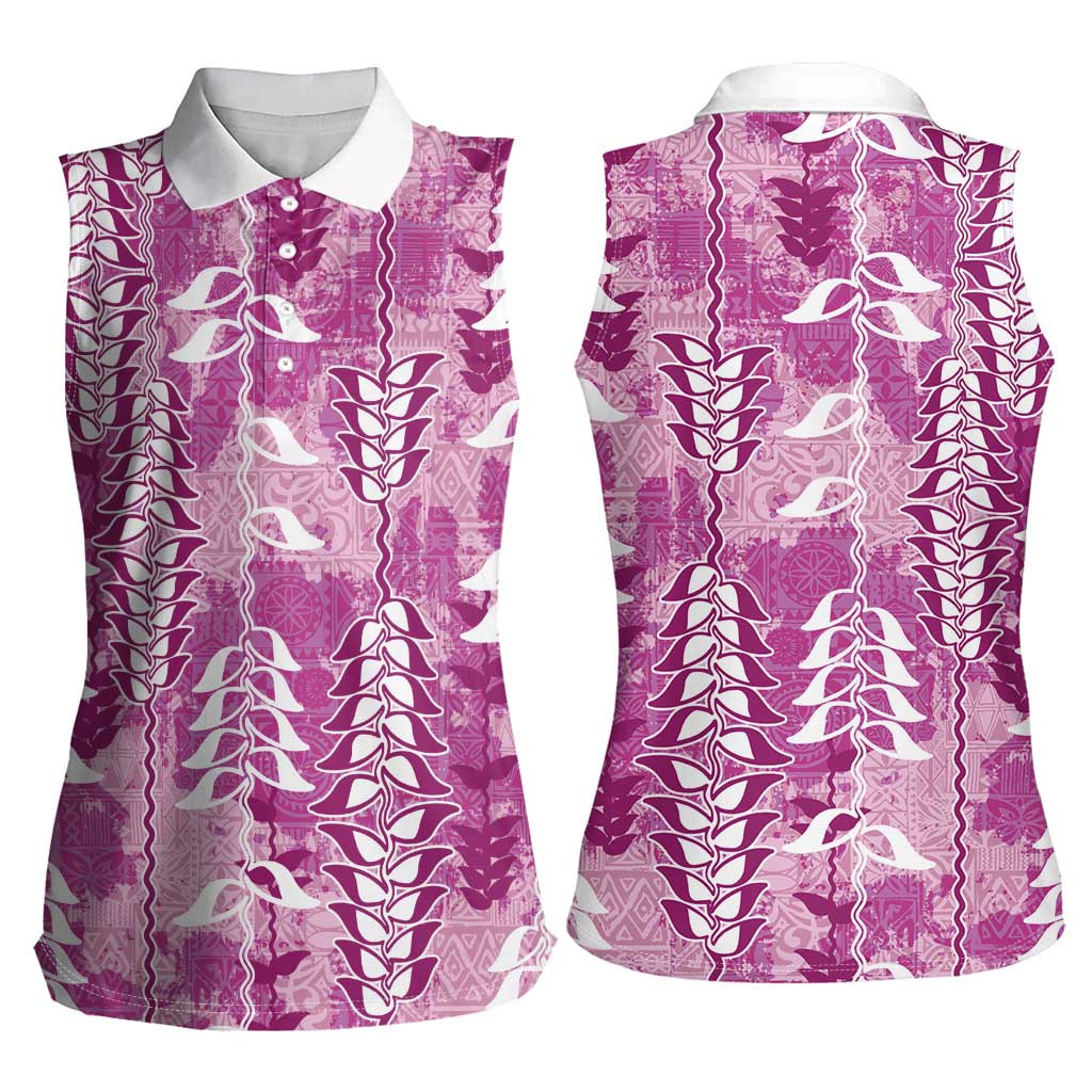 Magenta Hawaii Tapa Pattern Women Sleeveless Polo Shirt With Heliconia Vintage Style LT05 - Polynesian Pride