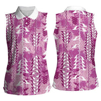 Magenta Hawaii Tapa Pattern Women Sleeveless Polo Shirt With Heliconia Vintage Style LT05 - Polynesian Pride