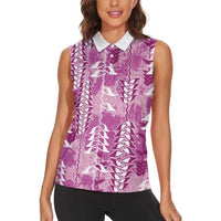 Magenta Hawaii Tapa Pattern Women Sleeveless Polo Shirt With Heliconia Vintage Style LT05 - Polynesian Pride