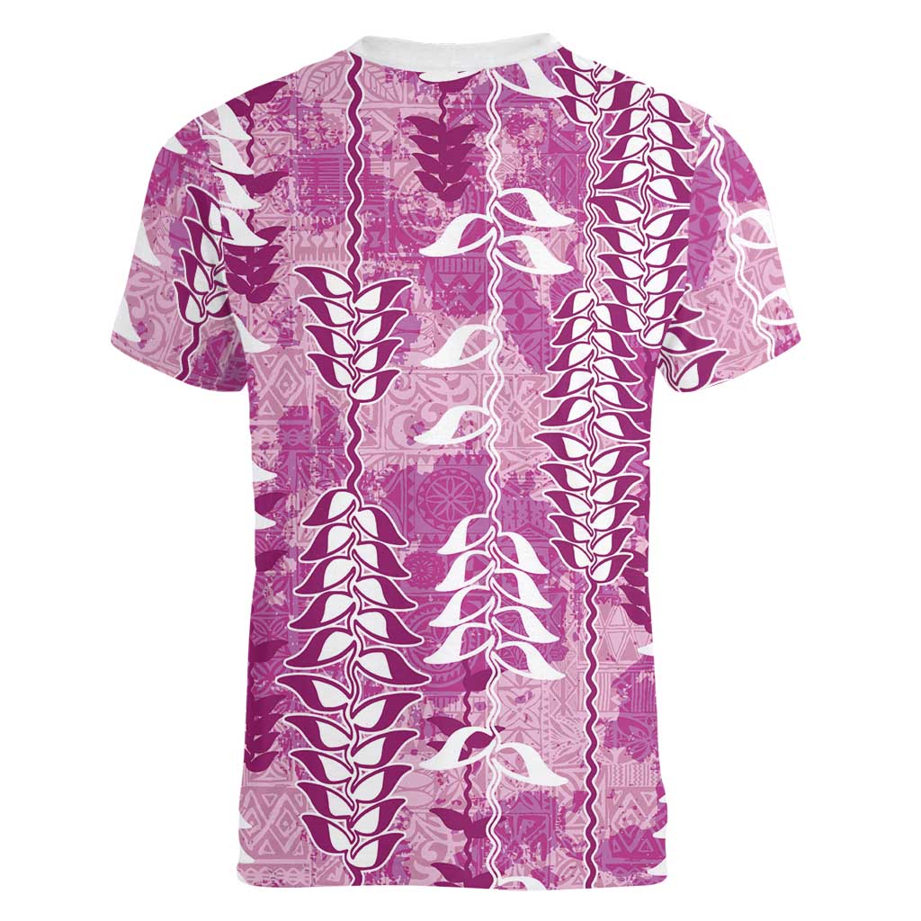 Magenta Hawaii Tapa Pattern Women V-Neck T-Shirt With Heliconia Vintage Style LT05 - Polynesian Pride