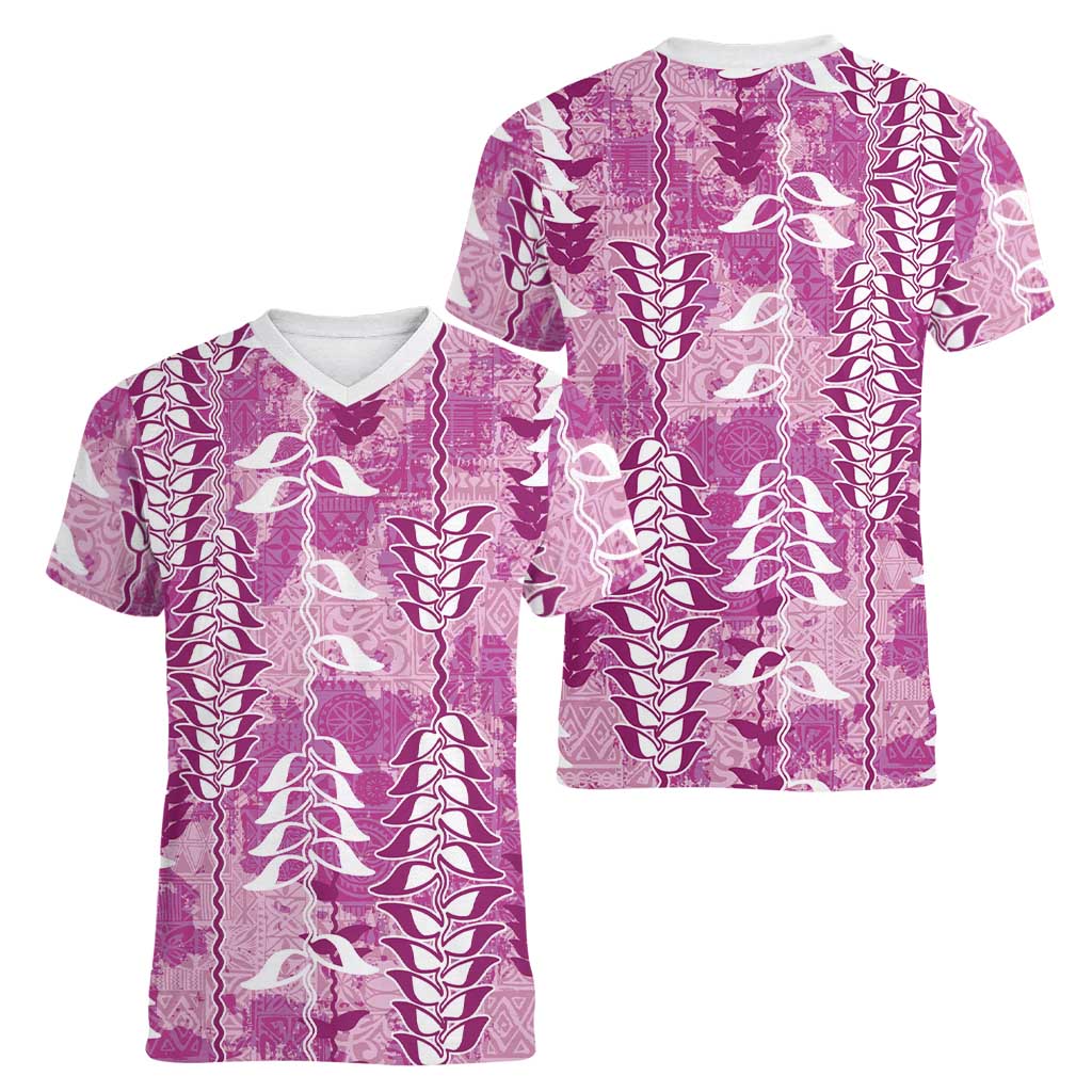 Magenta Hawaii Tapa Pattern Women V-Neck T-Shirt With Heliconia Vintage Style LT05 - Polynesian Pride