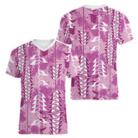 Magenta Hawaii Tapa Pattern Women V-Neck T-Shirt With Heliconia Vintage Style LT05 - Polynesian Pride