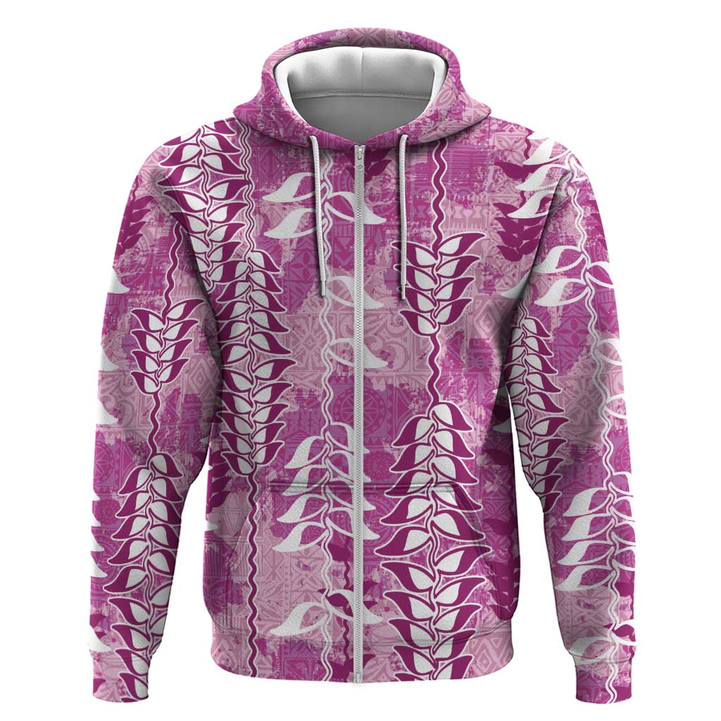 Magenta Hawaii Tapa Pattern Zip Hoodie With Heliconia Vintage Style LT05 Zip Hoodie Magenta - Polynesian Pride