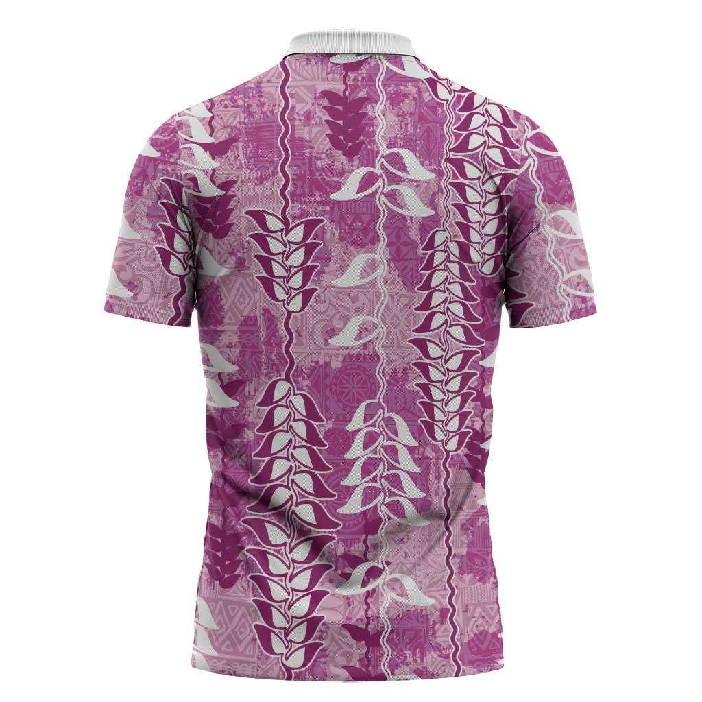 Magenta Hawaii Tapa Pattern Zipper Polo Shirt With Heliconia Vintage Style LT05 - Polynesian Pride