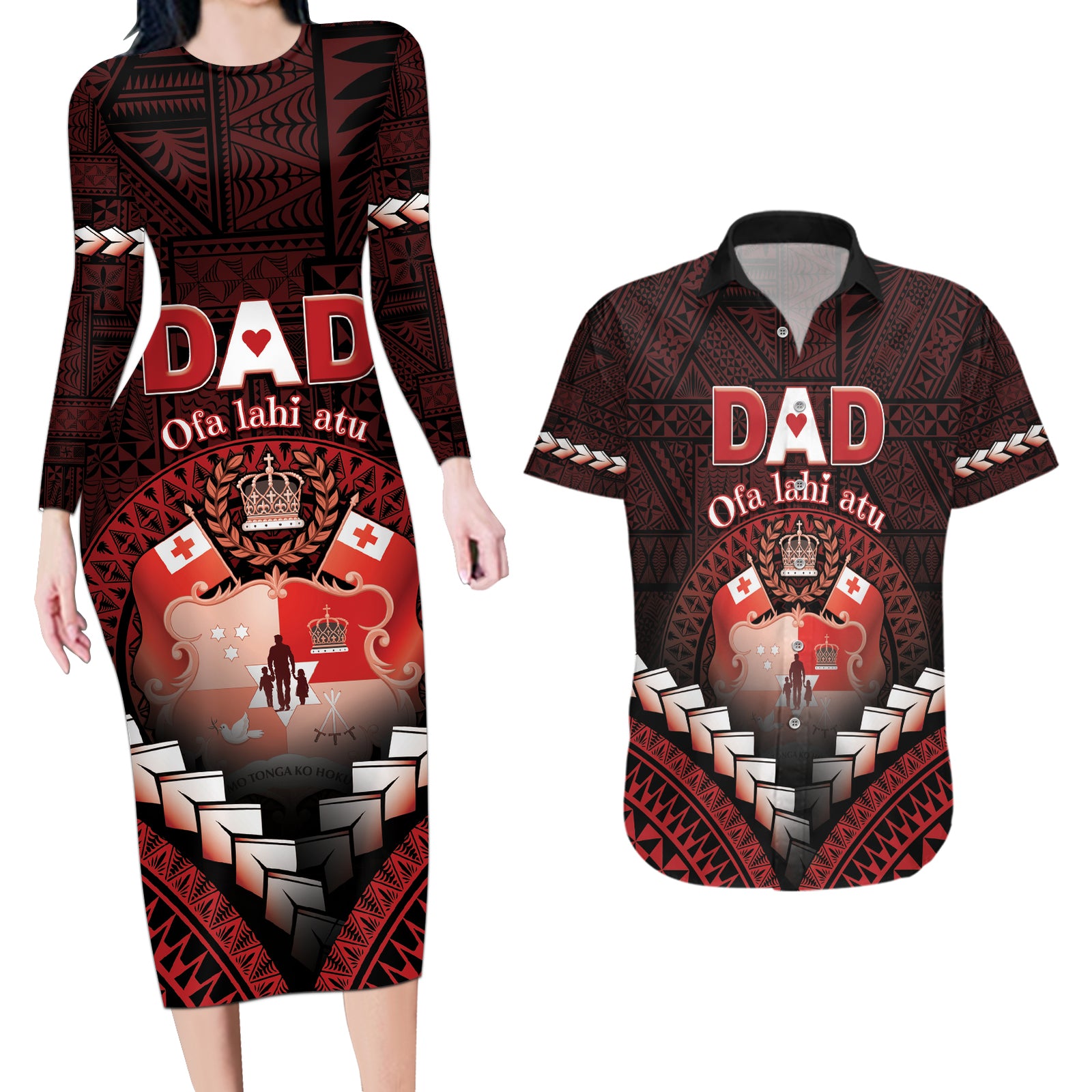 Personalised Tonga Happy Father's Day Couples Matching Long Sleeve Bodycon Dress and Hawaiian Shirt Ofa Lahi Atu Dad Polynesian Tribal LT05 Red - Polynesian Pride