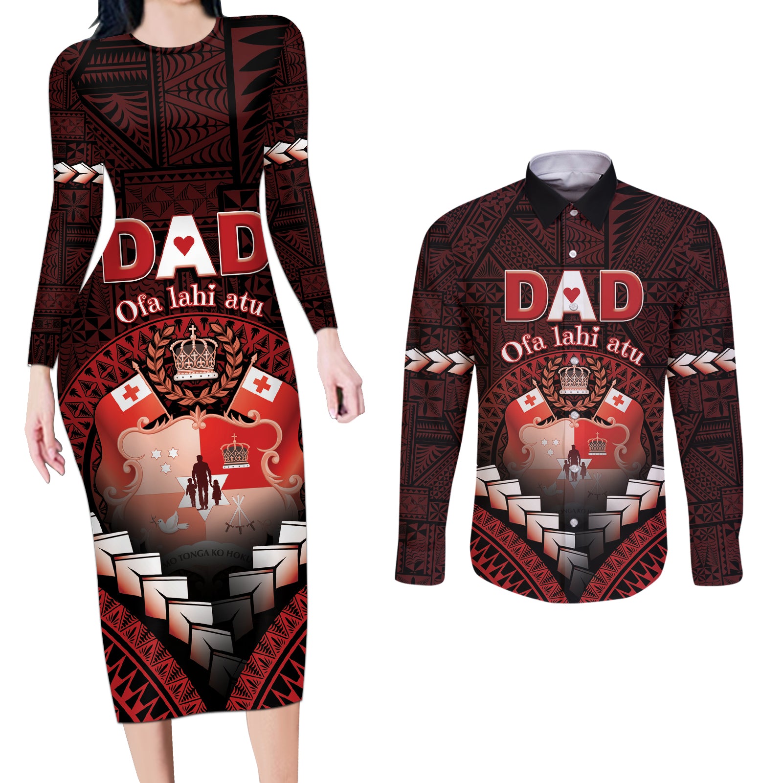 Personalised Tonga Happy Father's Day Couples Matching Long Sleeve Bodycon Dress and Long Sleeve Button Shirt Ofa Lahi Atu Dad Polynesian Tribal