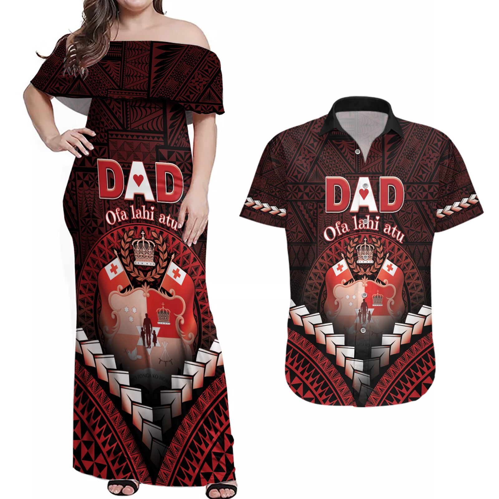 Personalised Tonga Happy Father's Day Couples Matching Off Shoulder Maxi Dress and Hawaiian Shirt Ofa Lahi Atu Dad Polynesian Tribal