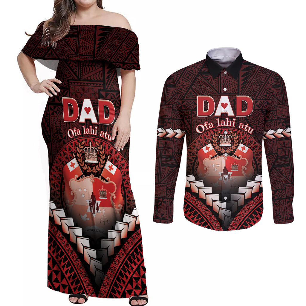Personalised Tonga Happy Father's Day Couples Matching Off Shoulder Maxi Dress and Long Sleeve Button Shirt Ofa Lahi Atu Dad Polynesian Tribal