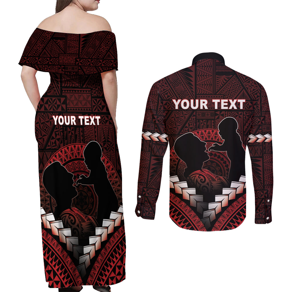Personalised Tonga Happy Father's Day Couples Matching Off Shoulder Maxi Dress and Long Sleeve Button Shirt Ofa Lahi Atu Dad Polynesian Tribal
