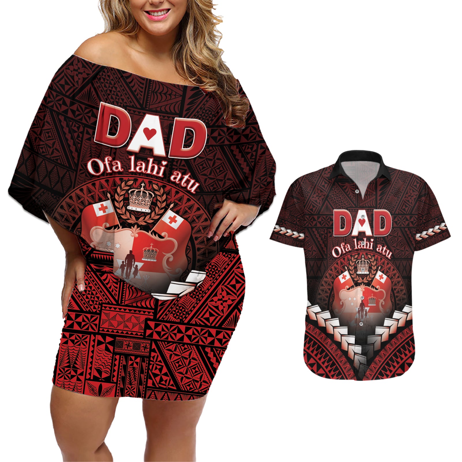 Personalised Tonga Happy Father's Day Couples Matching Off Shoulder Short Dress and Hawaiian Shirt Ofa Lahi Atu Dad Polynesian Tribal