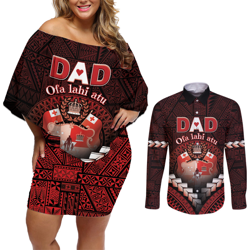 Personalised Tonga Happy Father's Day Couples Matching Off Shoulder Short Dress and Long Sleeve Button Shirt Ofa Lahi Atu Dad Polynesian Tribal