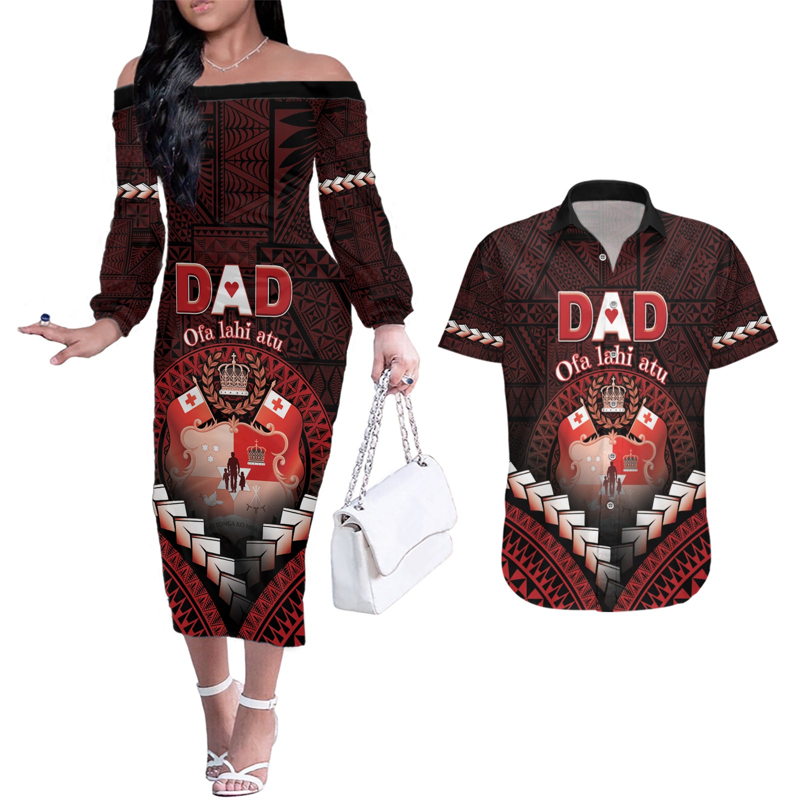 Personalised Tonga Happy Father's Day Couples Matching Off The Shoulder Long Sleeve Dress and Hawaiian Shirt Ofa Lahi Atu Dad Polynesian Tribal LT05 Red - Polynesian Pride