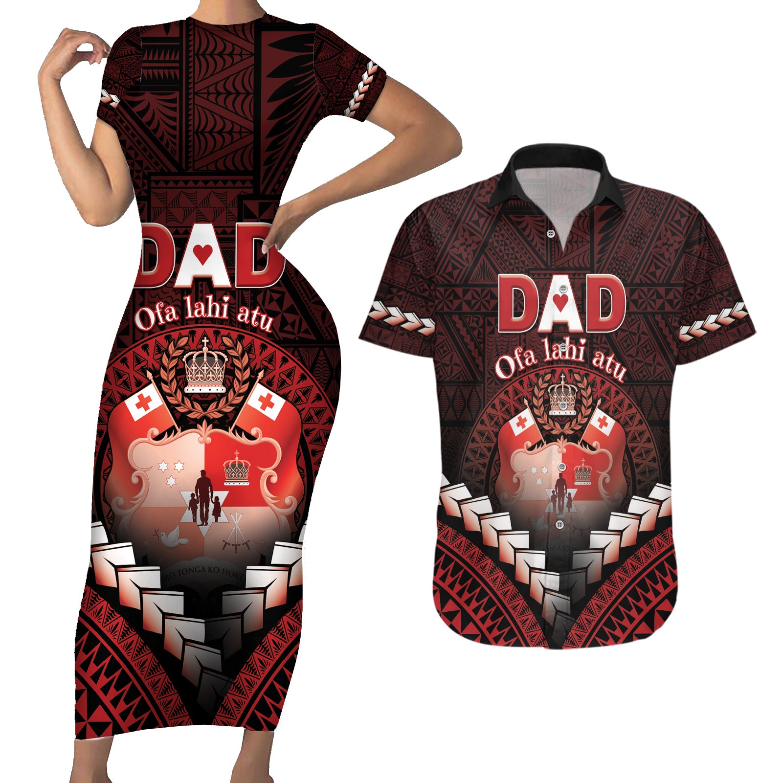 Personalised Tonga Happy Father's Day Couples Matching Short Sleeve Bodycon Dress and Hawaiian Shirt Ofa Lahi Atu Dad Polynesian Tribal