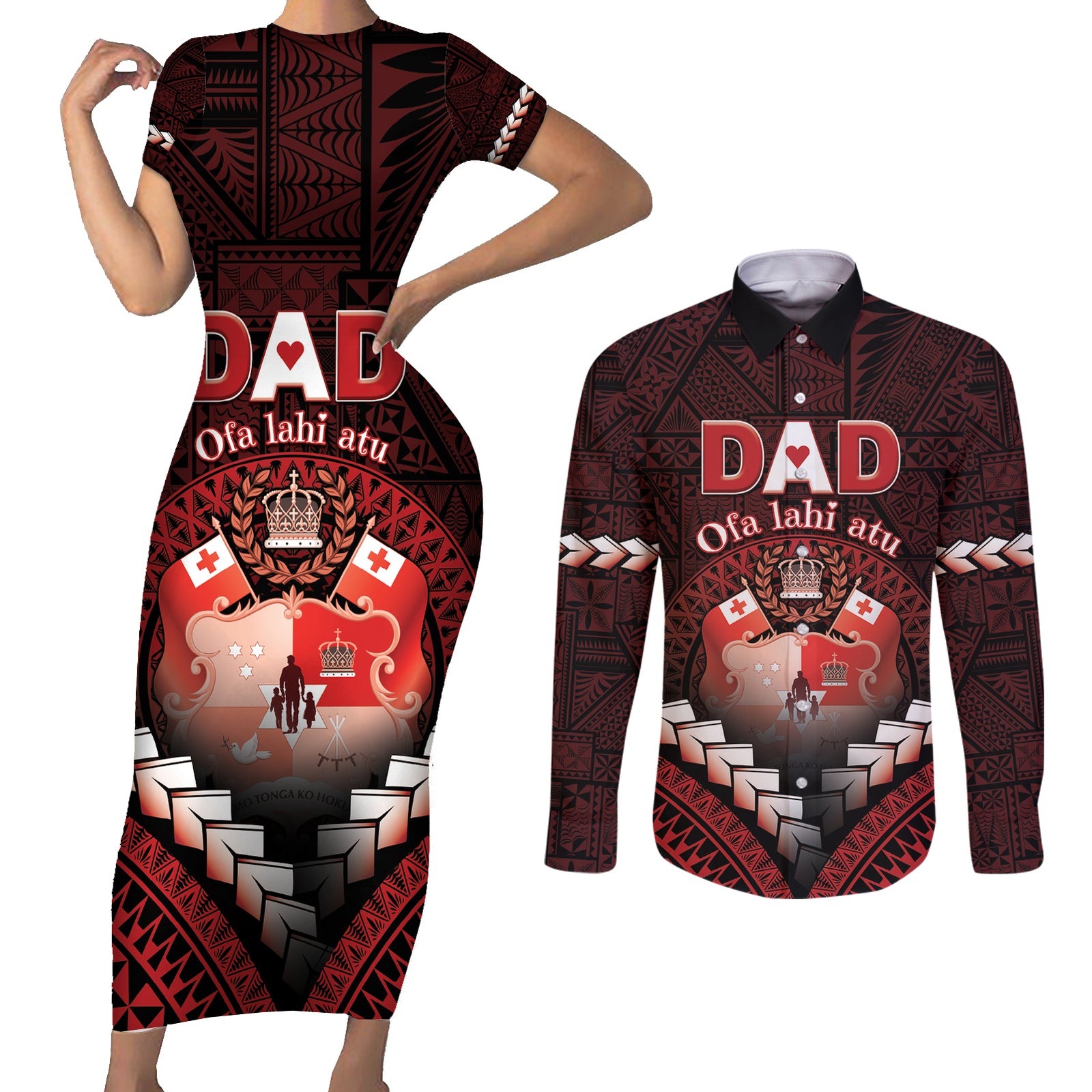 Personalised Tonga Happy Father's Day Couples Matching Short Sleeve Bodycon Dress and Long Sleeve Button Shirt Ofa Lahi Atu Dad Polynesian Tribal LT05 Red - Polynesian Pride